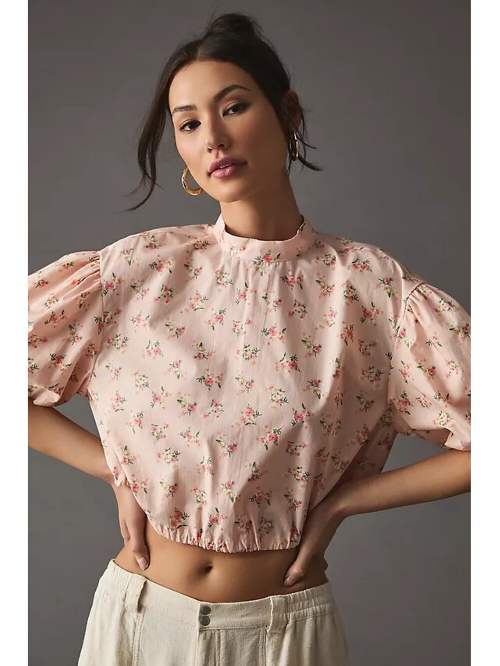 By Anthropologie Pink Ditsy Floral Puff Sleeve Open Back Blouse XS